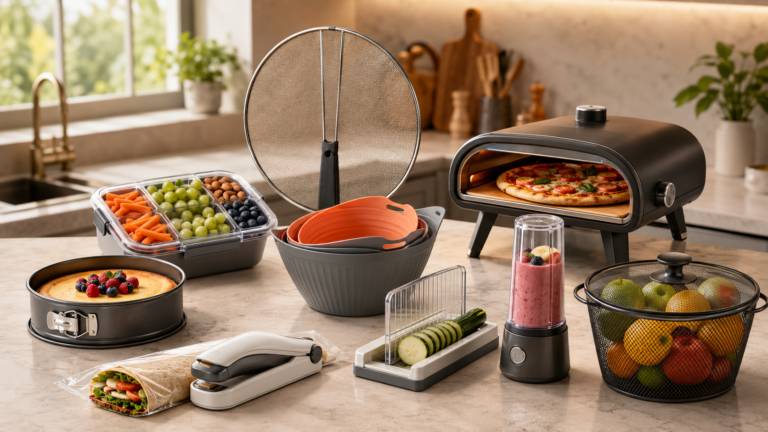 Nine useful kitchen gadgets arranged on a modern countertop, including a cake pan, snack container, splatter guard, pizza oven, blender and fruit basket.
