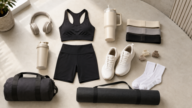 Women’s gym essentials including workout clothing, headphones, shoes, resistance bands, hydration bottles and accessories
