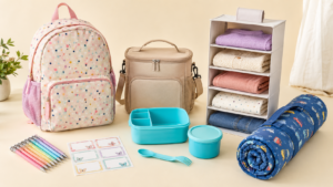 Colourful back-to-school essentials for kids, including a backpack, lunch gear, pencils, name labels and a nap mat.