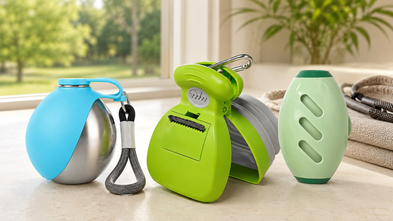 Blue portable pet water bottle, green DogBuddy pooper scooper and pale-green reusable lint roller arranged together in a bright pet-care product display.