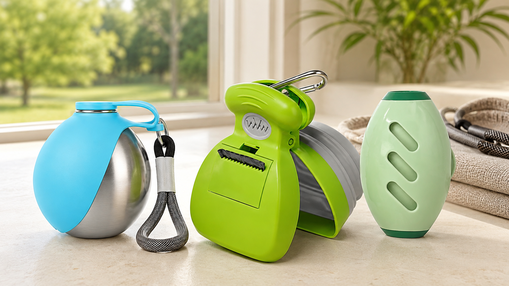 Blue portable pet water bottle, green DogBuddy pooper scooper and pale-green reusable lint roller arranged together in a bright pet-care product display.