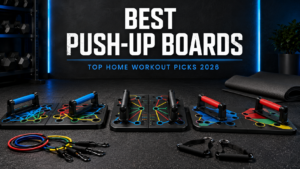 Three color-coded push-up boards arranged in a modern home gym