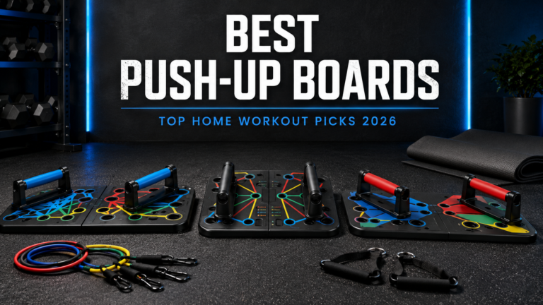 Three color-coded push-up boards arranged in a modern home gym
