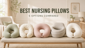Five nursing pillows compared in a warm modern nursery