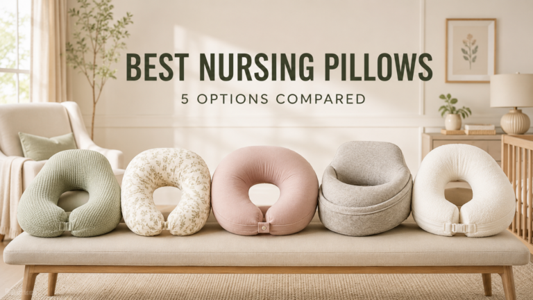 Five nursing pillows compared in a warm modern nursery