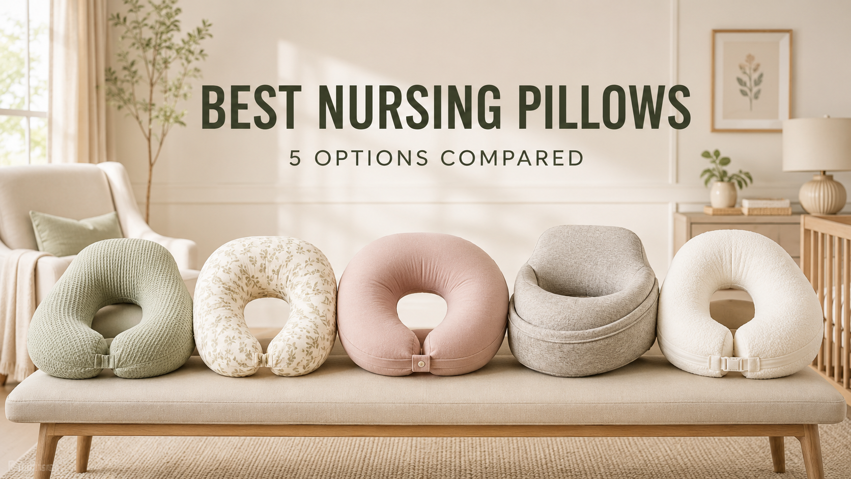 Five nursing pillows compared in a warm modern nursery