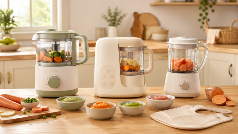 Three baby food makers with bowls of vegetable purée in a warm modern kitchen
