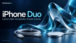 DealScanOn iPhone Duo guide artwork with an abstract blue glass fold, a USB-C cable and a charging puck.