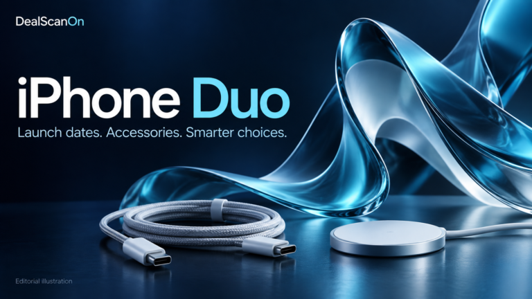 DealScanOn iPhone Duo guide artwork with an abstract blue glass fold, a USB-C cable and a charging puck.