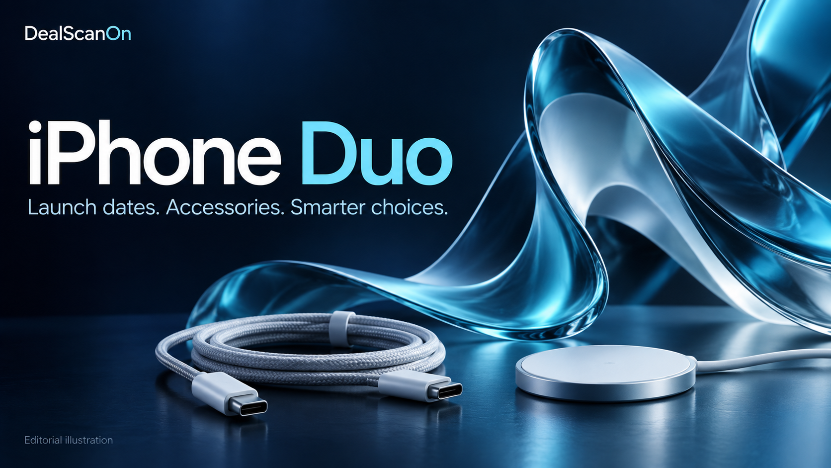 DealScanOn iPhone Duo guide artwork with an abstract blue glass fold, a USB-C cable and a charging puck.