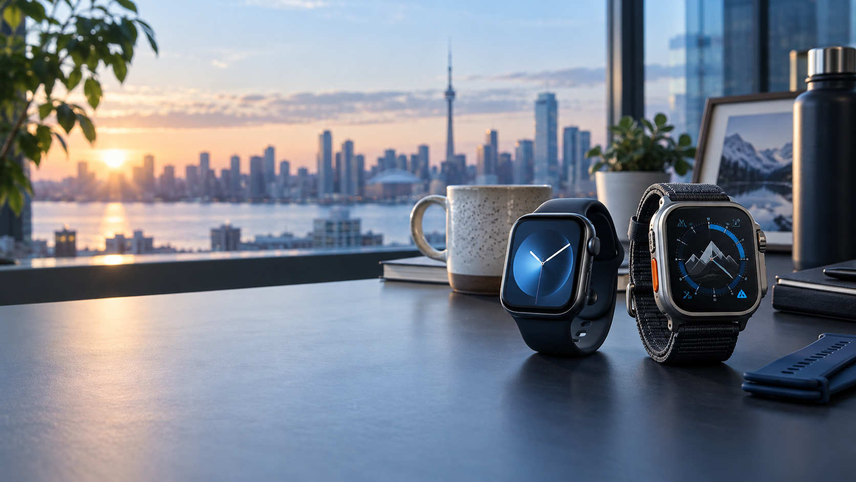 AI-generated illustration for the Apple Watch Series 12 vs Ultra 4 Canada guide: two smartwatch concepts on a desk against a Canadian city skyline; not actual product photography.