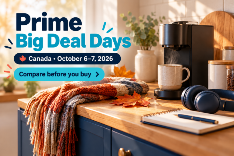 Amazon Canada Prime Big Deal Days 2026 graphic with October 6–7 dates, a coffee maker, storage jars, headphones and an autumn throw.