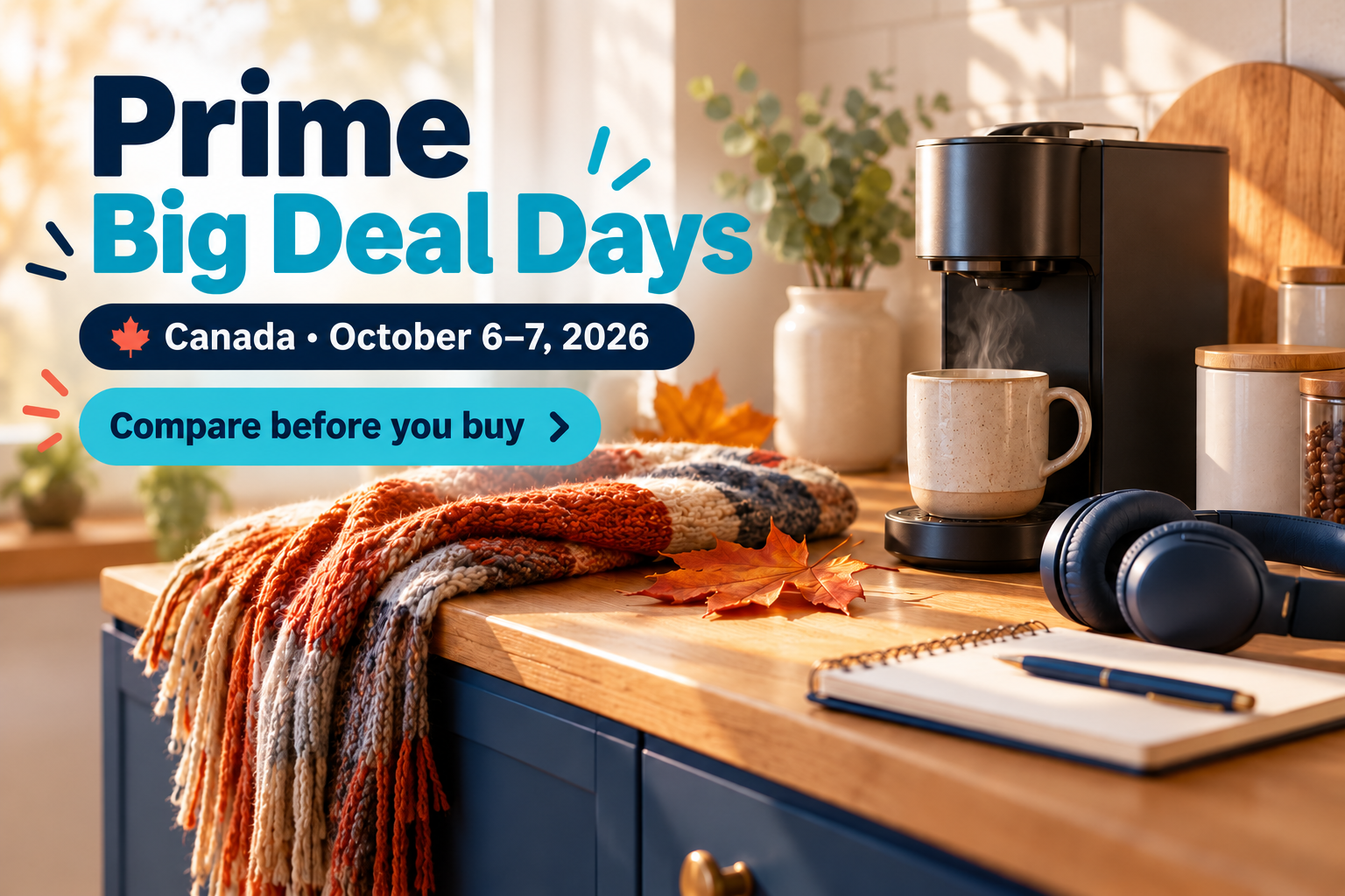 Amazon Canada Prime Big Deal Days 2026 graphic with October 6–7 dates, a coffee maker, storage jars, headphones and an autumn throw.