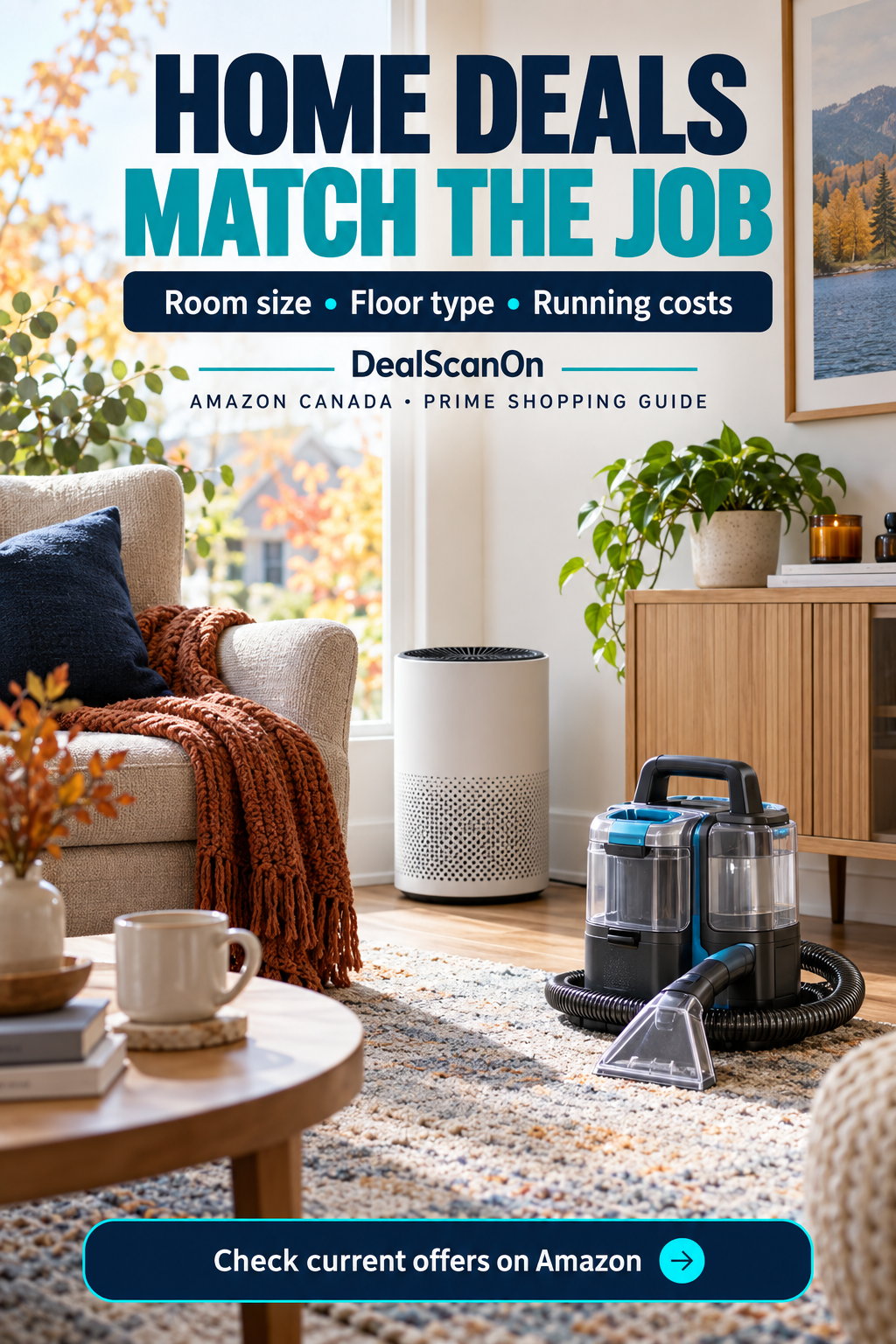 Illustrative air purifier and portable spot cleaner beside a rug and armchair, with a DealScanOn home buying checklist.