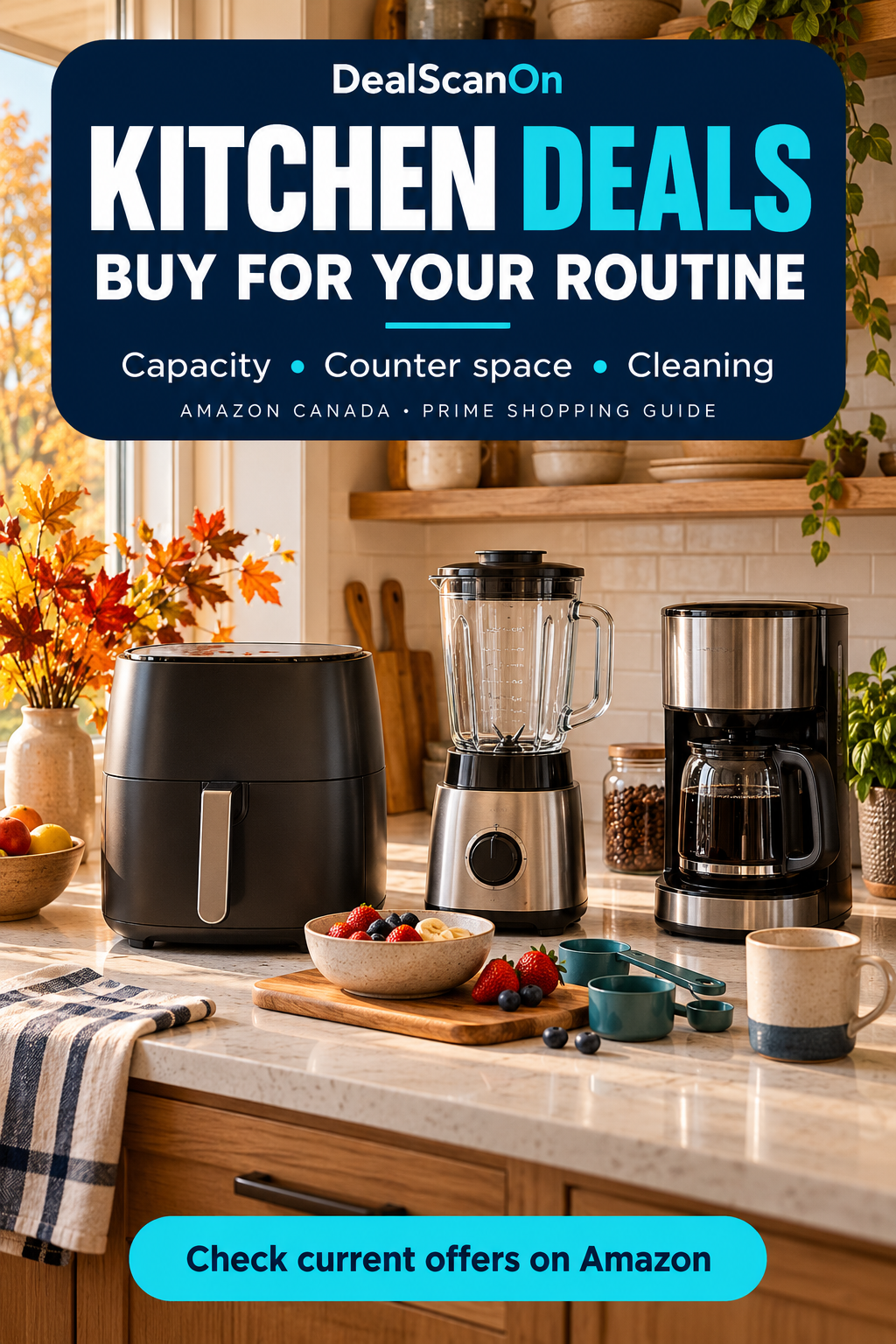 Illustrative air fryer, blender and coffee maker on an autumn kitchen counter with a DealScanOn buying checklist.