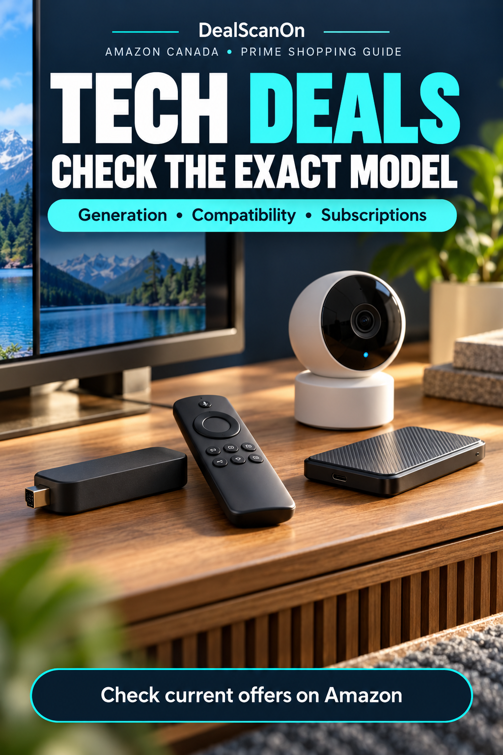 Illustrative streaming dongle, remote, indoor camera and external SSD on a TV console with a DealScanOn exact-model checklist.